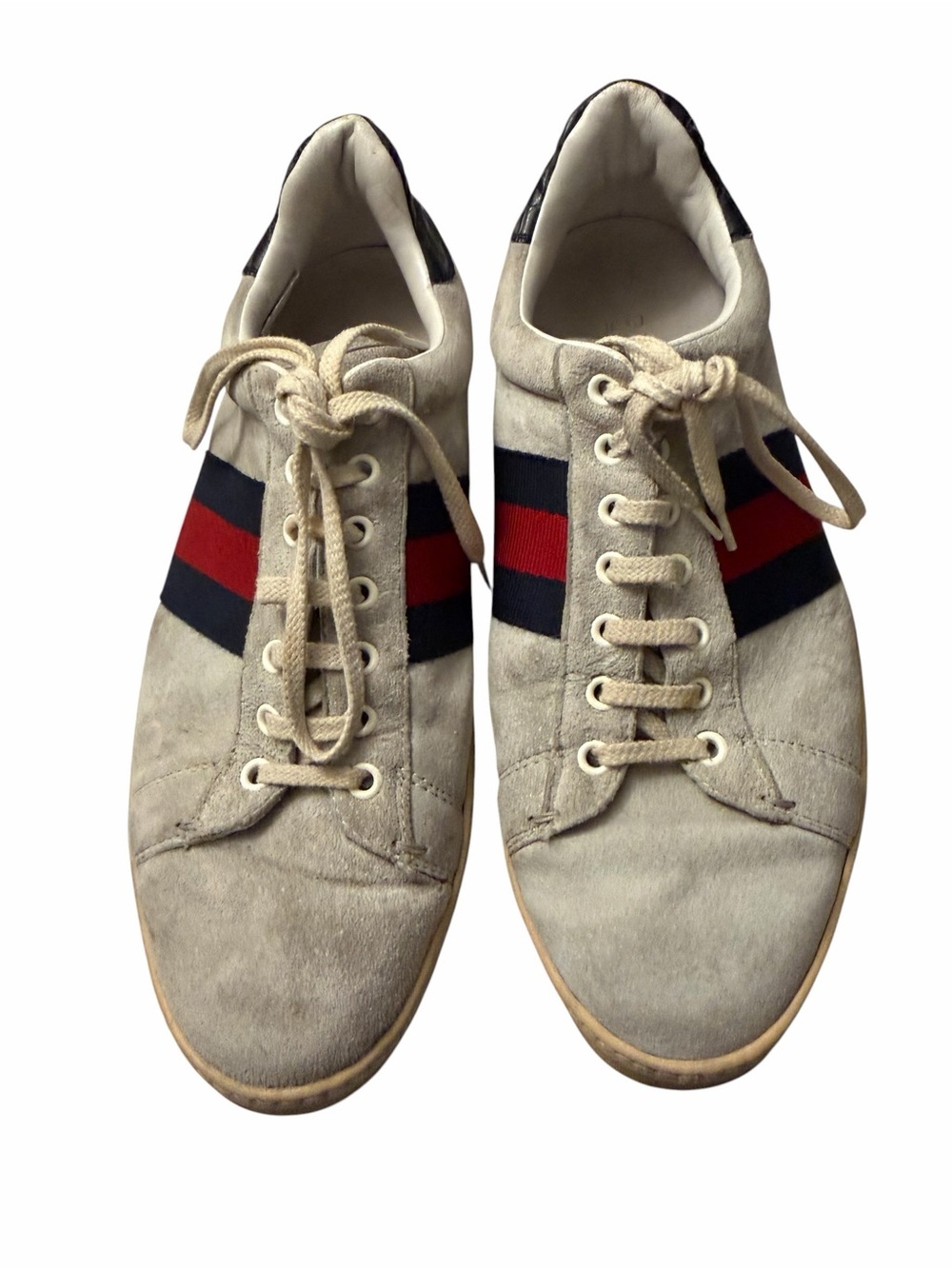 Gucci Beige Suede Sneakers with Red & Navy Web Stripe,pre-owned,SZ 8